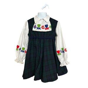 Vintage 1960s Girls Plaid Wool Blend Embroidery Dress Size 6